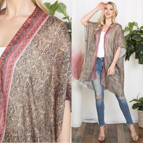 NEW ARRIVAL LIGHTWEIGHT LEAF PRINT INLINE BOHO OPEN FRONT KIMONO-BEIGE - Picture 2 of 7
